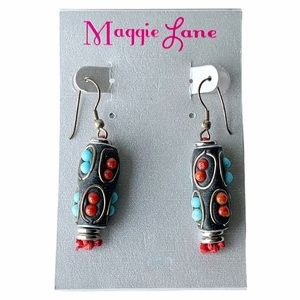 Maggie Lane Blue Red Turquoise Silver Earrings NWT